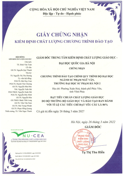 KHOA NGỮ VĂN ĐƯỢC CẤP GIẤY CHỨNG NHẬN KIỂM ĐỊNH CHẤT LƯỢNG CHƯƠNG TRÌNH ĐÀO TẠO CỬ NHÂN SƯ PHẠM NGỮ VĂN