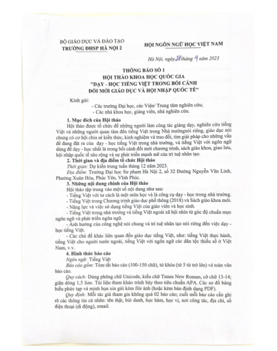 THÔNG BÁO SỐ 1 HỘI THẢO KHOA HỌC QUỐC GIA: DẠY HỌC TIẾNG VIỆT TRONG BỐI CẢNH ĐỔI MỚI GIÁO DỤC VÀ HỘI NHẬP QUỐC TẾ