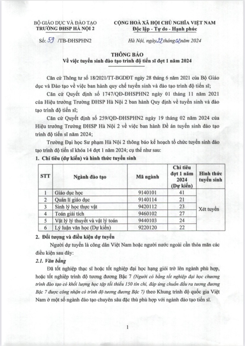 THÔNG BÁO VỀ VIỆC TUYỂN SINH ĐÀO TẠO TRÌNH ĐỘ TIẾN SĨ ĐỢT 1 - NĂM 2024